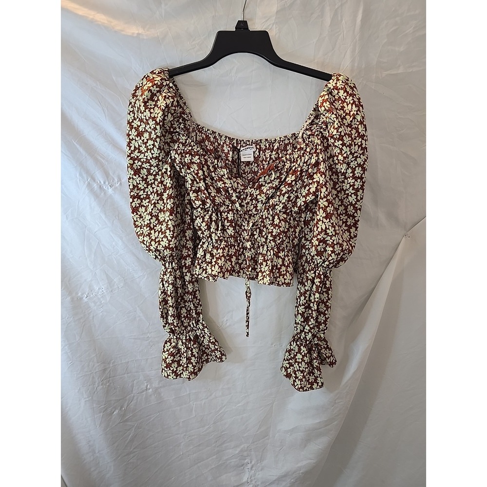 Glamorous Brand Croppee Blouse W/shirred Waist Brown Floral Size 4 Ruffle‎ Boho